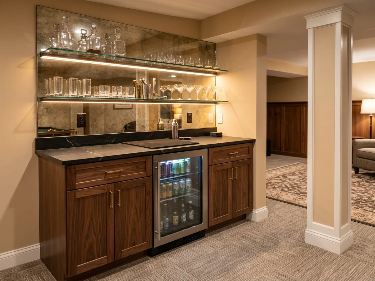 Basement dry bar with walnut cabinets, an under-counter wine and beverage fridge, glass shelves and a mirrored backsplash