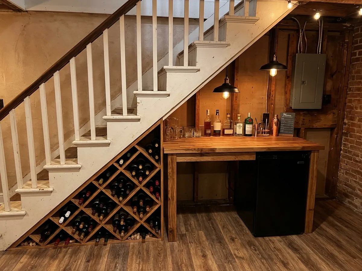 Compact bar under a basement staircase with a butcher-block counter, wine cubbies and pendant lights
