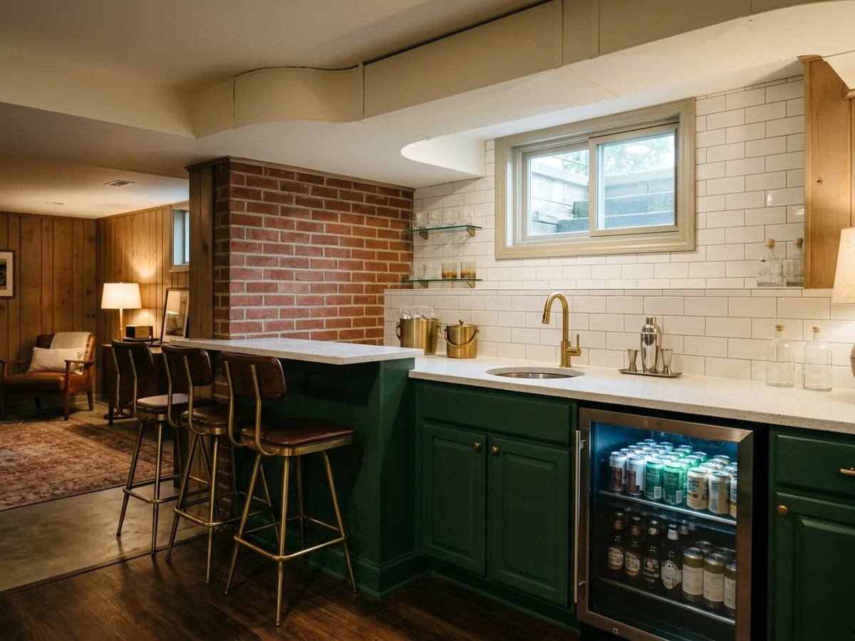 Basement wet bar with dark green cabinets, a small stainless bar sink, a glass-front beverage fridge and brass bar stools