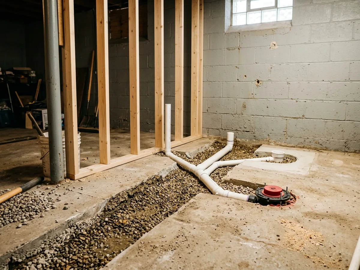 Basement concrete slab with a trench cut open and new white PVC drain pipes laid in gravel toward a toilet and shower rough-in