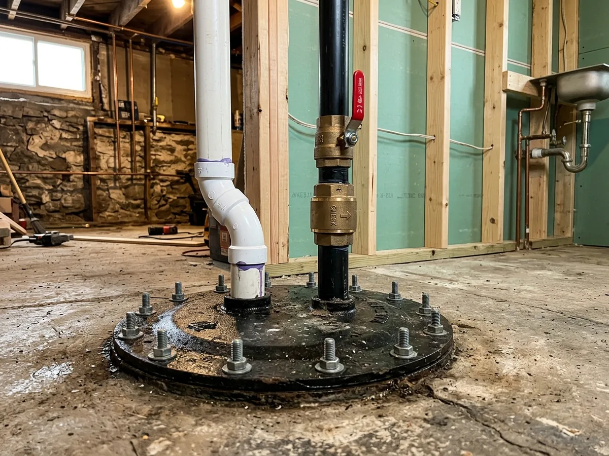 Sealed sewage ejector basin set flush in a basement floor with a bolted gastight lid, vent pipe and discharge pipe with valves