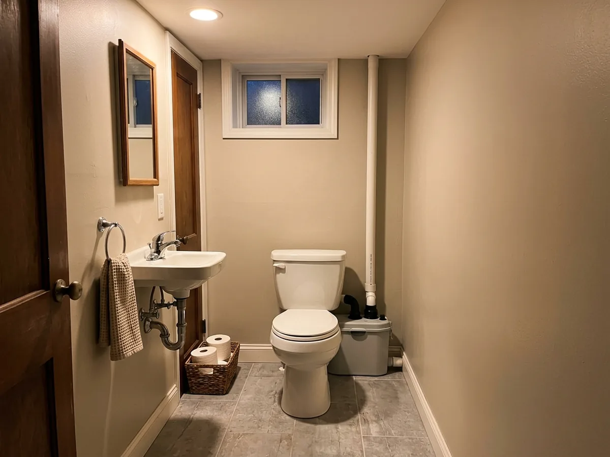 Compact upflush toilet with a macerating unit behind it in a small basement half bath with gray tile floor
