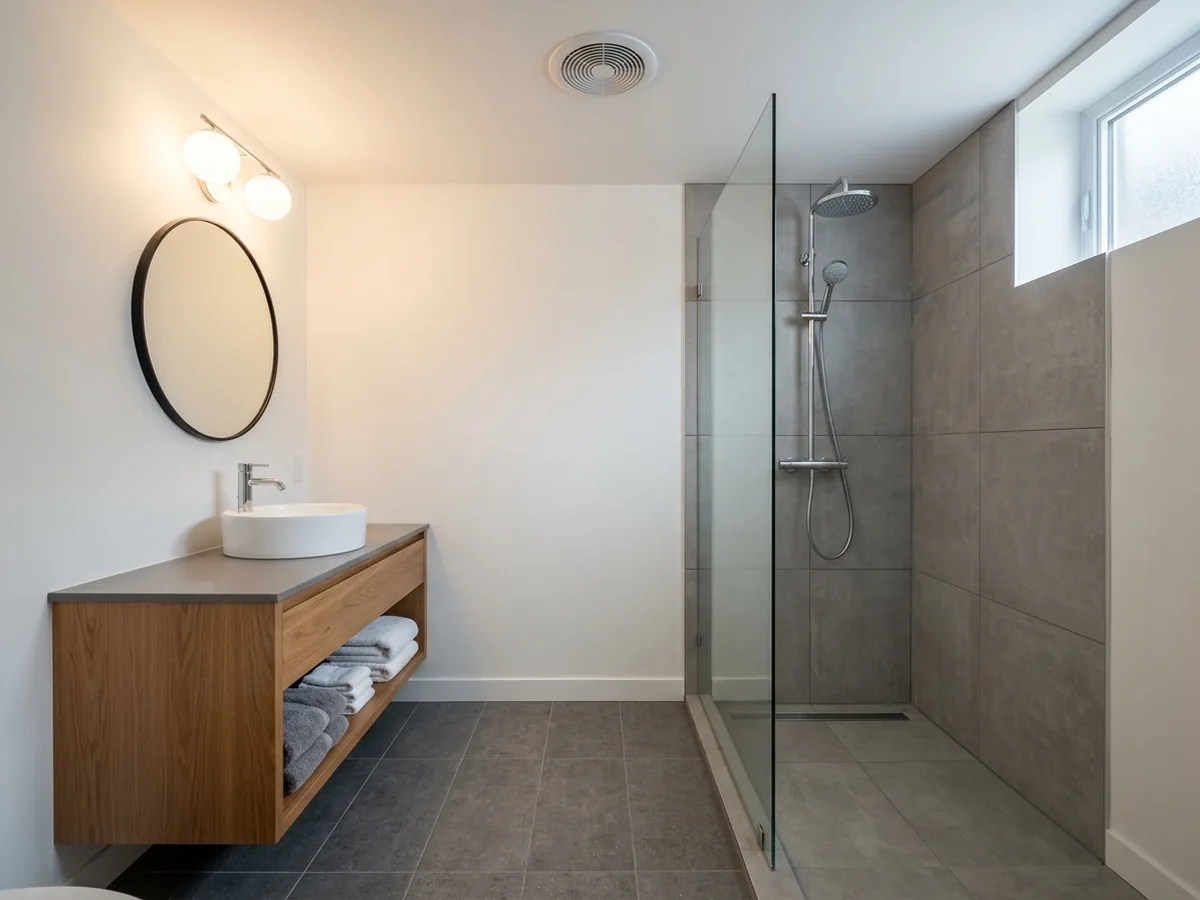 Basement bathroom with a glass walk-in shower, grey porcelain tile and a floating wood vanity