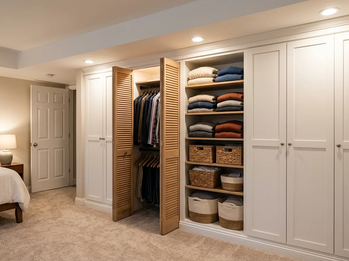 Built-in wardrobe with white shaker doors and open shelving along a framed basement bedroom wall beside a carpeted floor