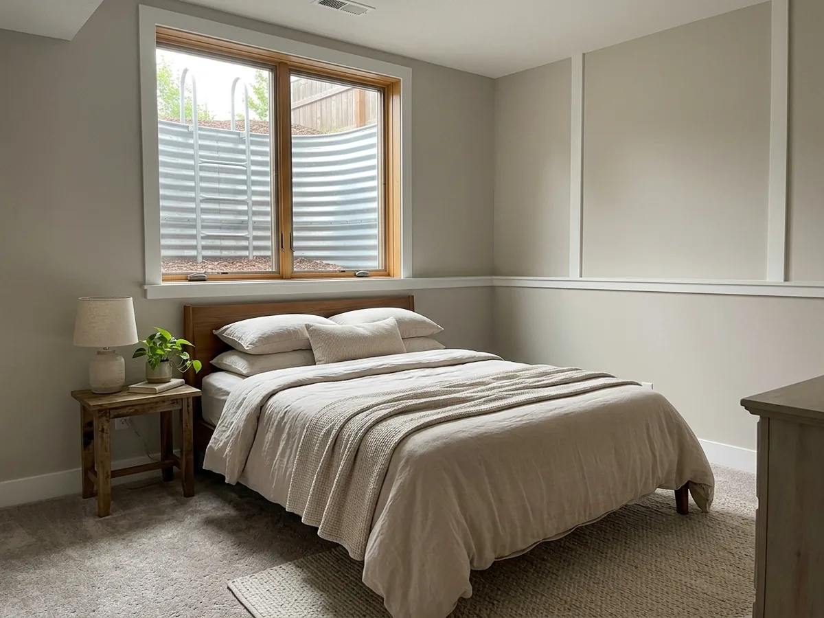 Basement bedroom with a large egress casement window and a metal window well outside