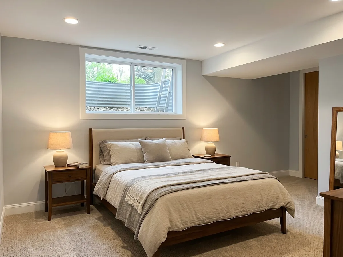 Basement guest bedroom with a made queen bed, two nightstands with lamps and a daylight egress window above the headboard wall