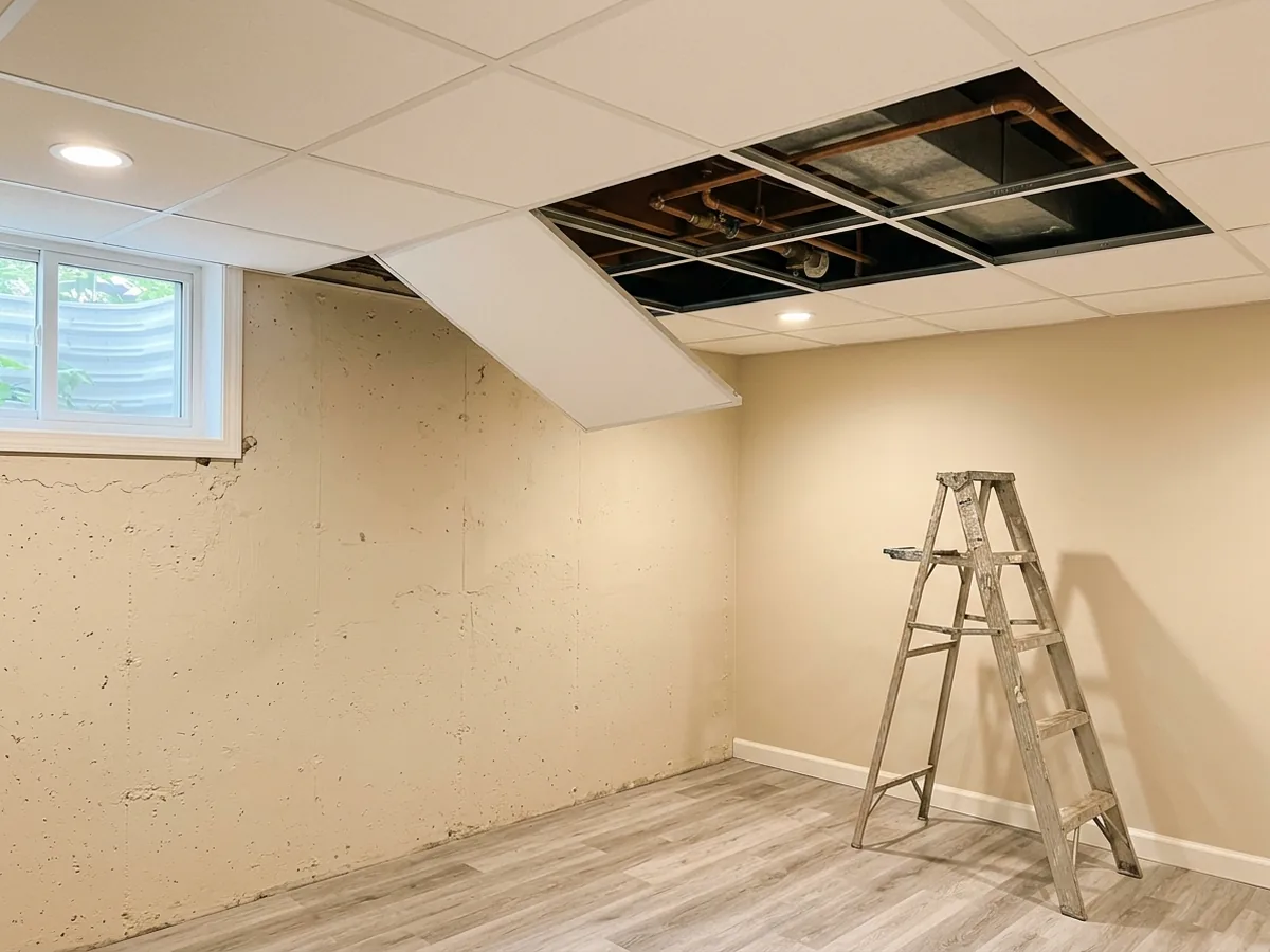 Basement drop ceiling with a white suspended grid, lay-in tiles and one tile lifted near a pipe run