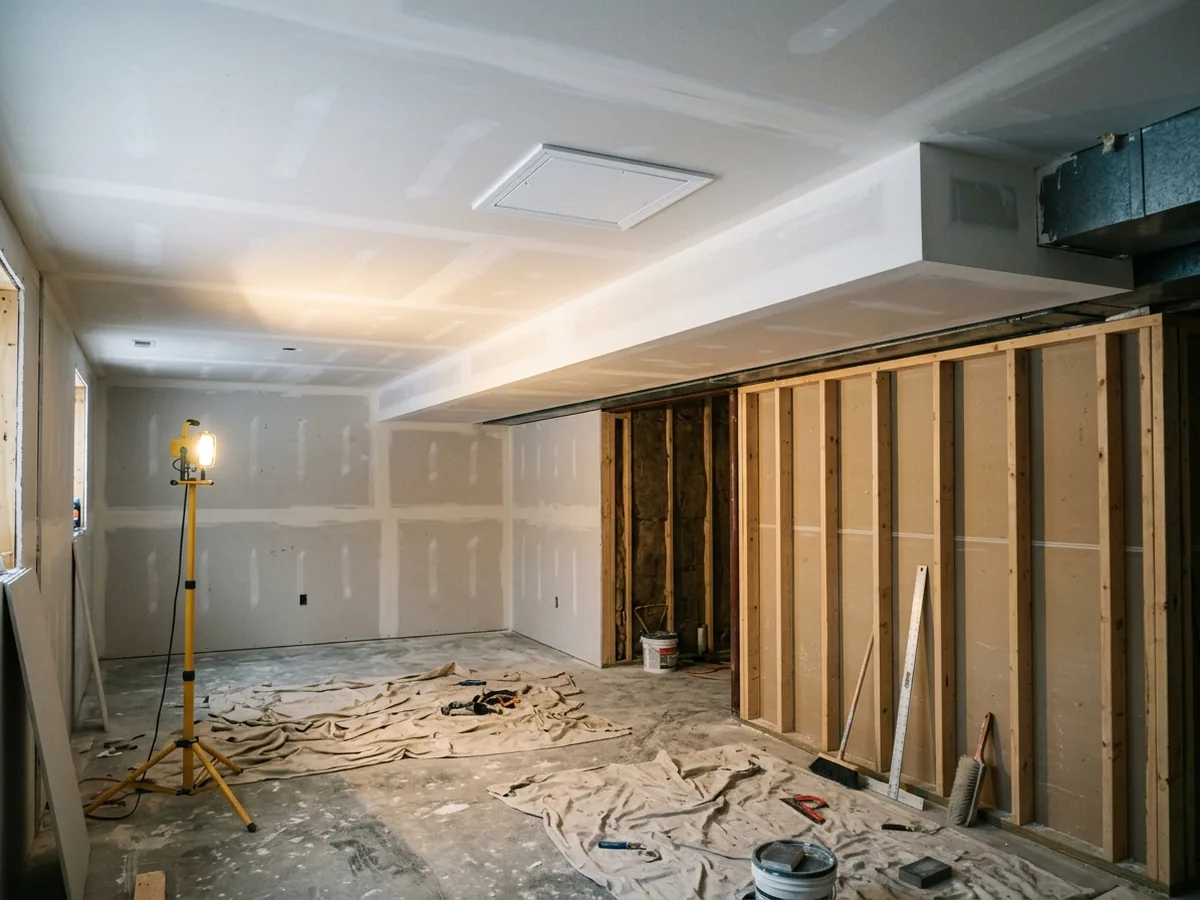 Basement drywall ceiling with a boxed soffit around a heating duct and steel beam, primed and ready for paint