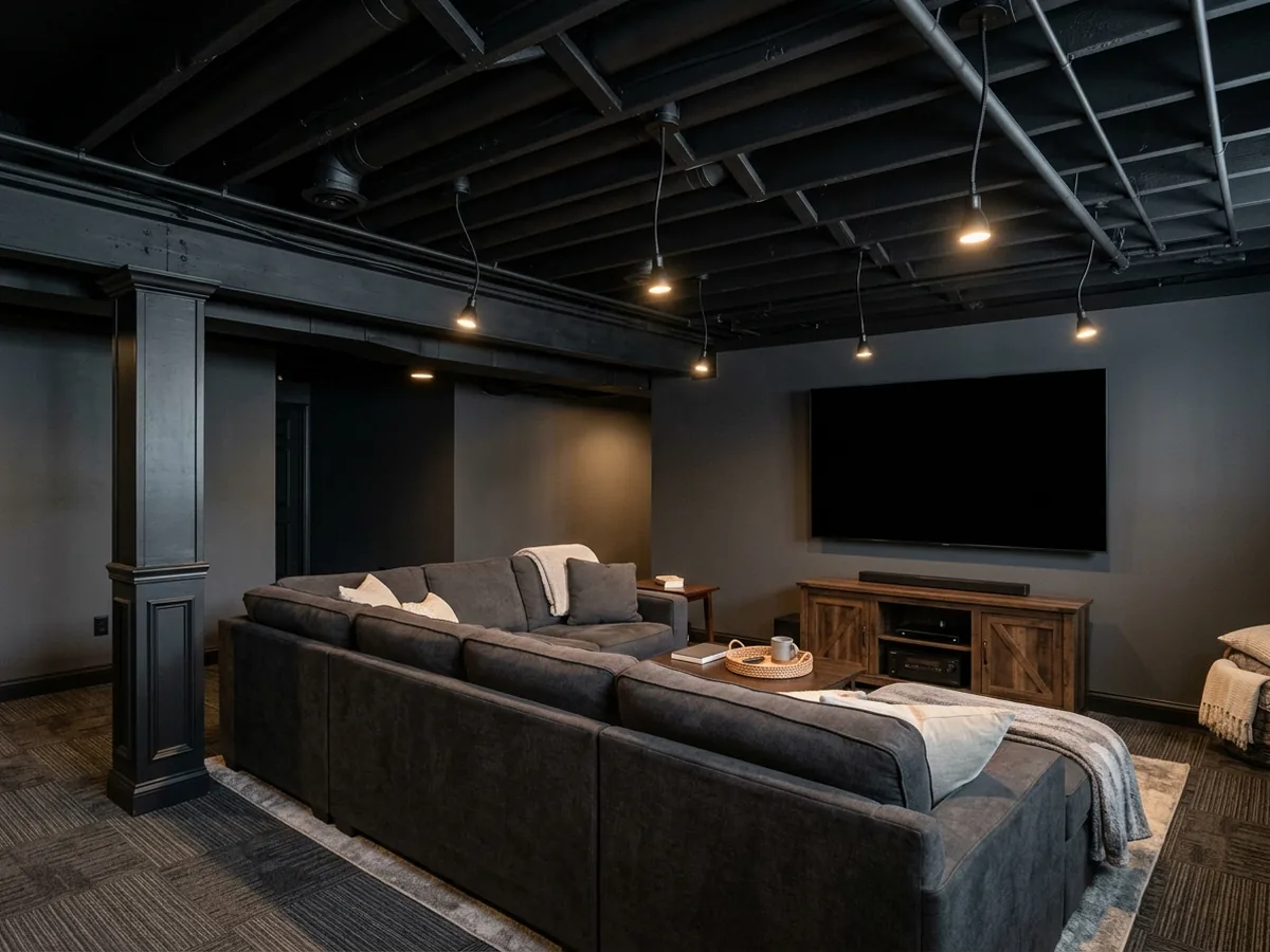 Basement ceiling with exposed joists, ducts and pipes all spray-painted matte black above a home theater area