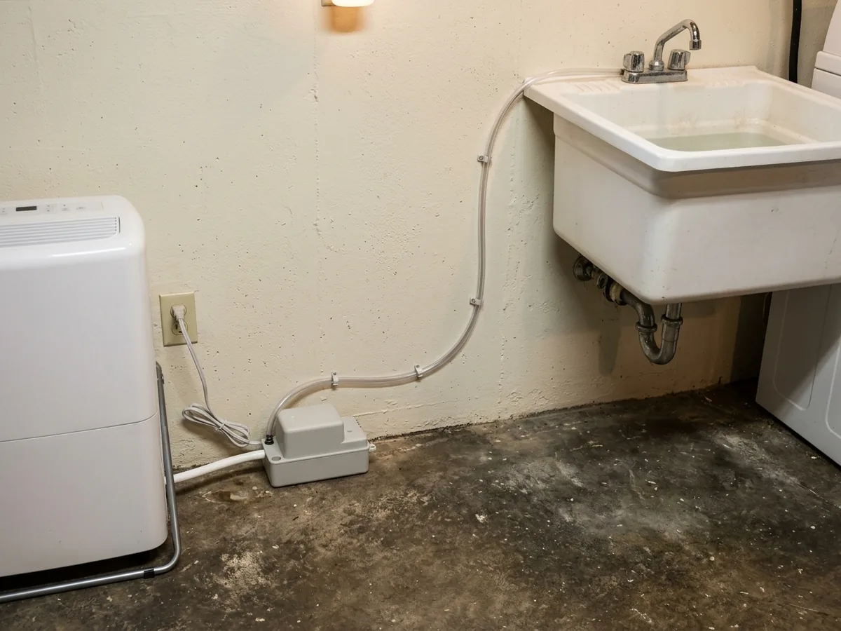 Condensate pump beside a basement dehumidifier with a small tube running up to a utility sink