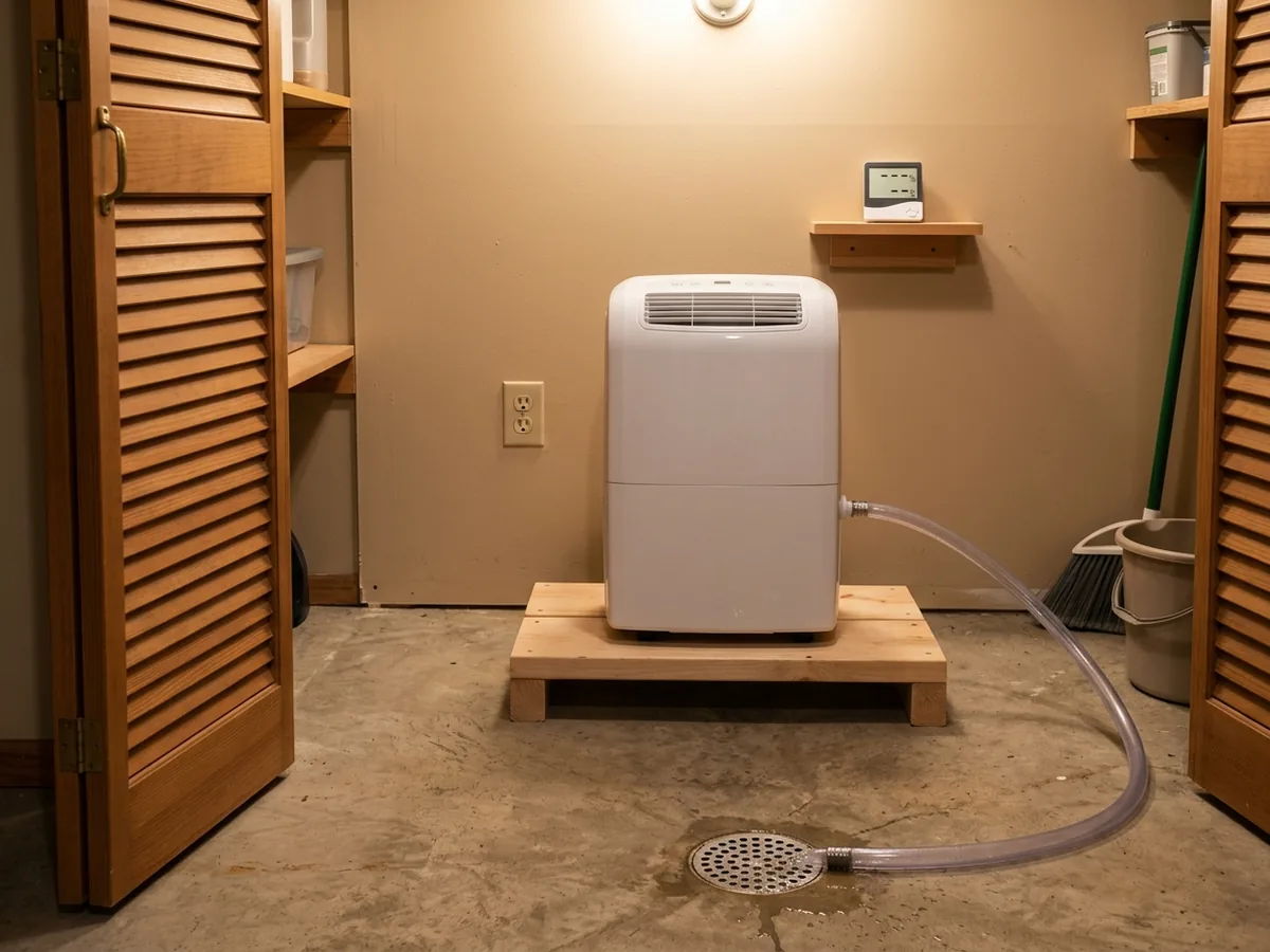 Portable basement dehumidifier on a low platform with a hose running to a floor drain