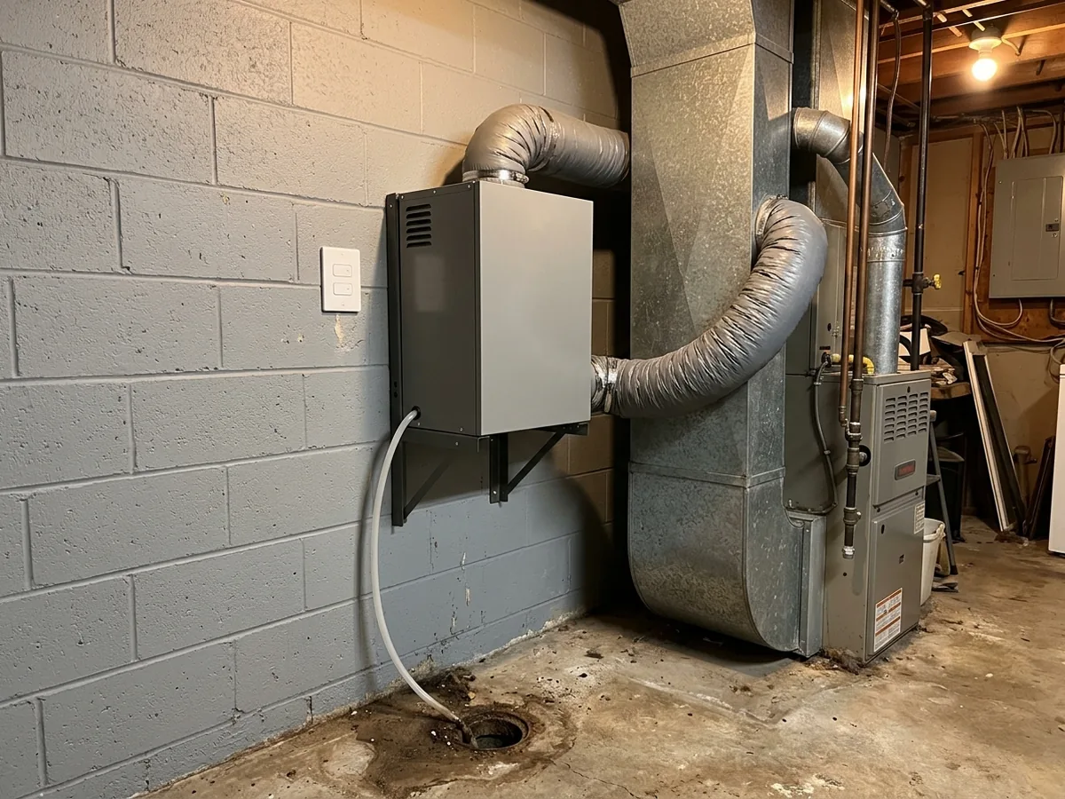 Whole-house dehumidifier mounted beside a basement furnace with insulated ducts connected