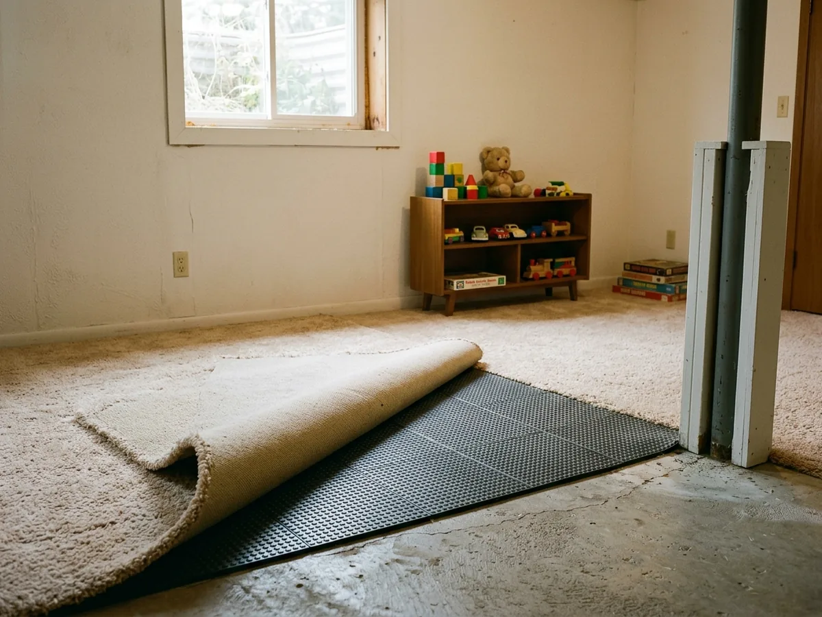 Basement playroom with soft beige carpet installed over a raised subfloor, a steel post wrapped in white trim