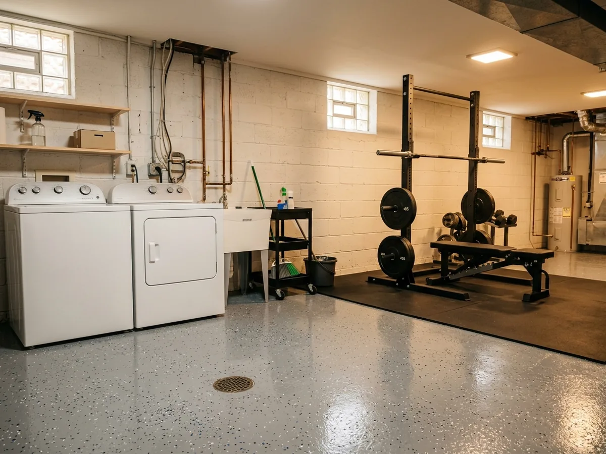 Basement home gym and laundry area with a grey flake epoxy floor coating on the concrete slab