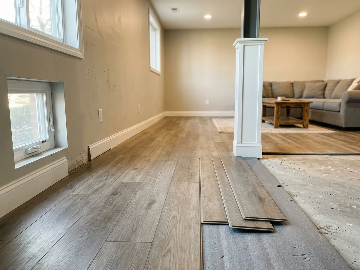 Basement family room with grey-oak luxury vinyl plank flooring laid over a concrete slab next to a painted foundation wall