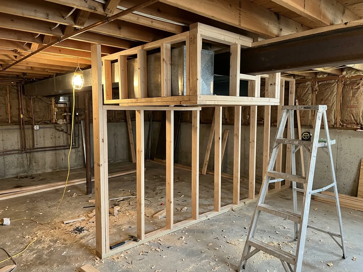 Basement framing with a wood bulkhead built around a heating duct and steel beam before drywall