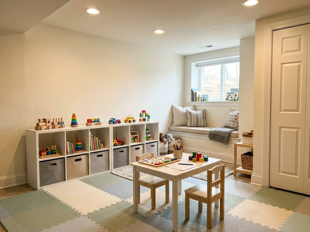 Basement kids' playroom with soft foam floor tiles, low open toy shelves, a low craft table and a small reading nook
