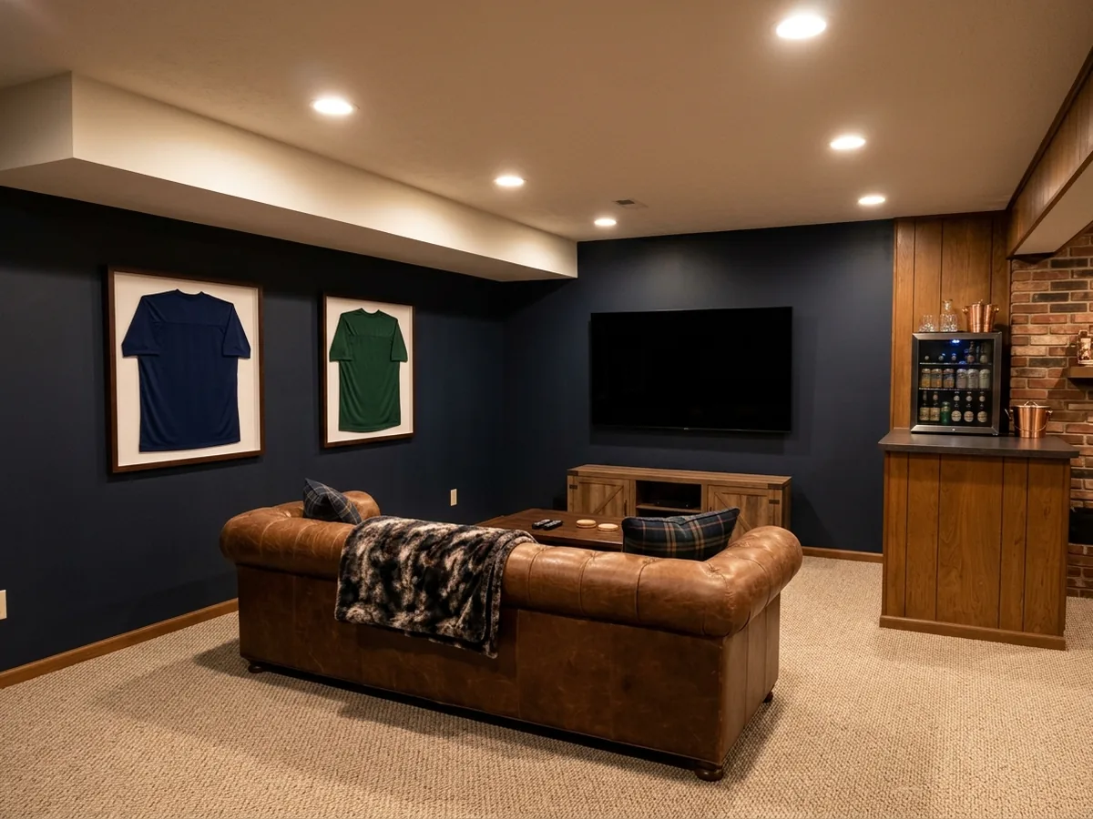 Basement sports room with a large TV wall, leather sofa, framed jerseys and a small bar counter in the corner