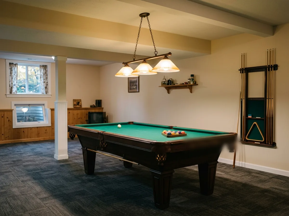 Basement game room with an 8-foot pool table under a long pendant light, a cue rack on the wall and carpet tile floor