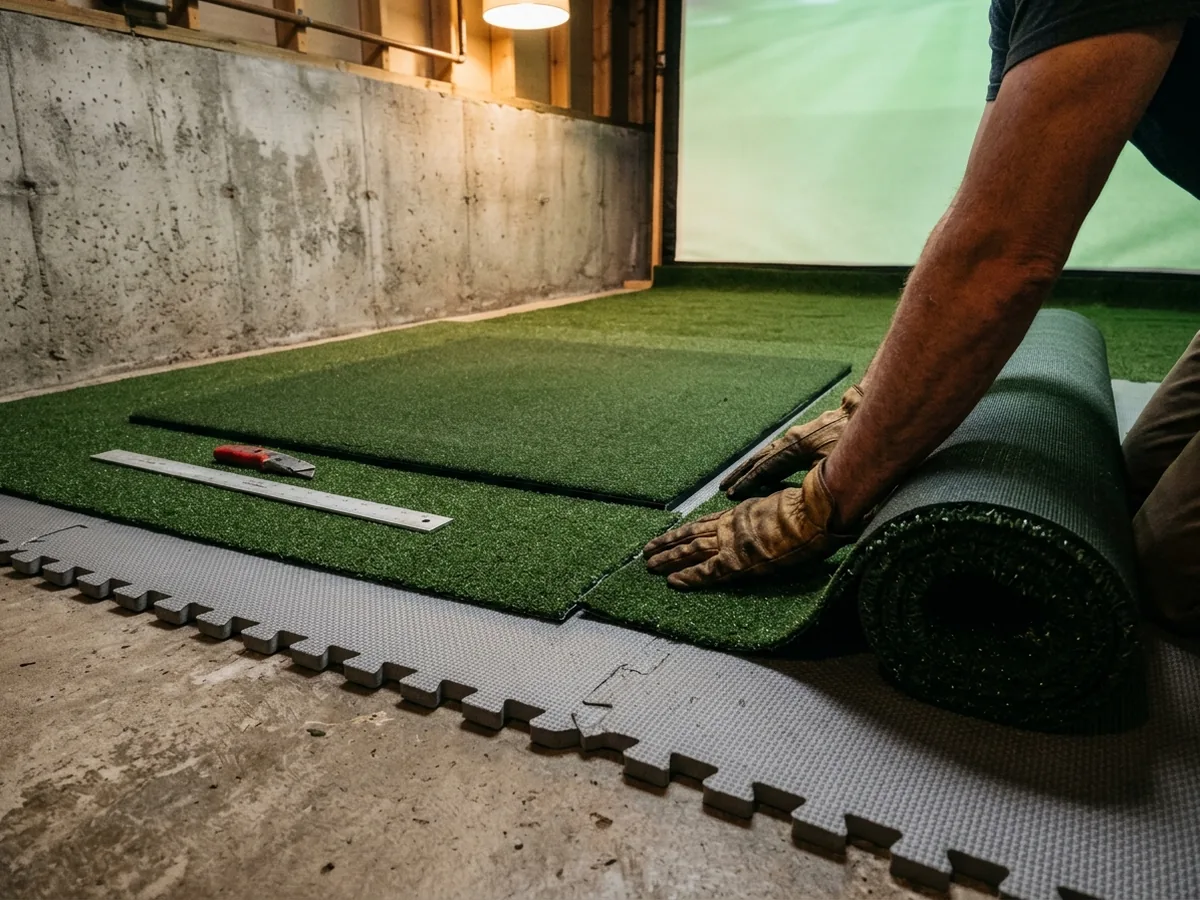 Basement golf simulator floor with green turf rolled over foam padding and a hitting mat set flush in the turf