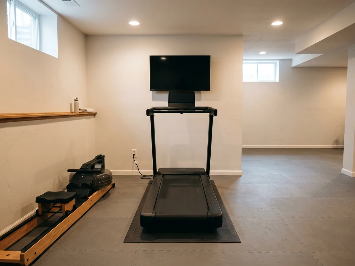 Basement cardio corner with a treadmill facing a wall-mounted screen, open space behind the deck and a dedicated outlet beside it