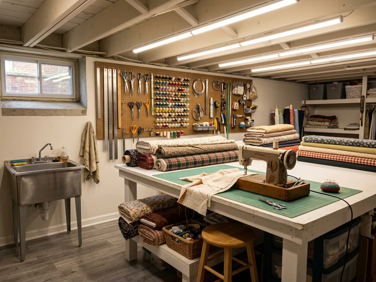 Basement craft studio with a large worktable, a sewing machine, pegboard wall storage and a small utility sink under bright even lighting