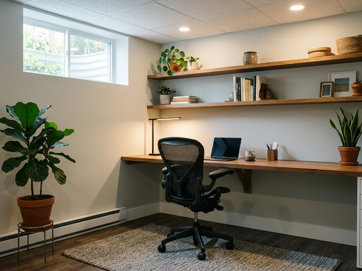 Basement home office with a built-in desk, shelves and recessed lighting
