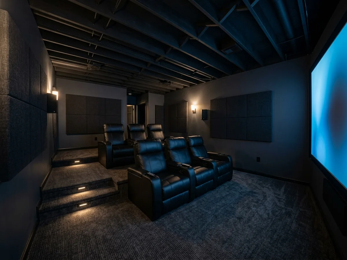 Basement home theater with dark walls, acoustic panels, two rows of recliners and a glowing projection screen