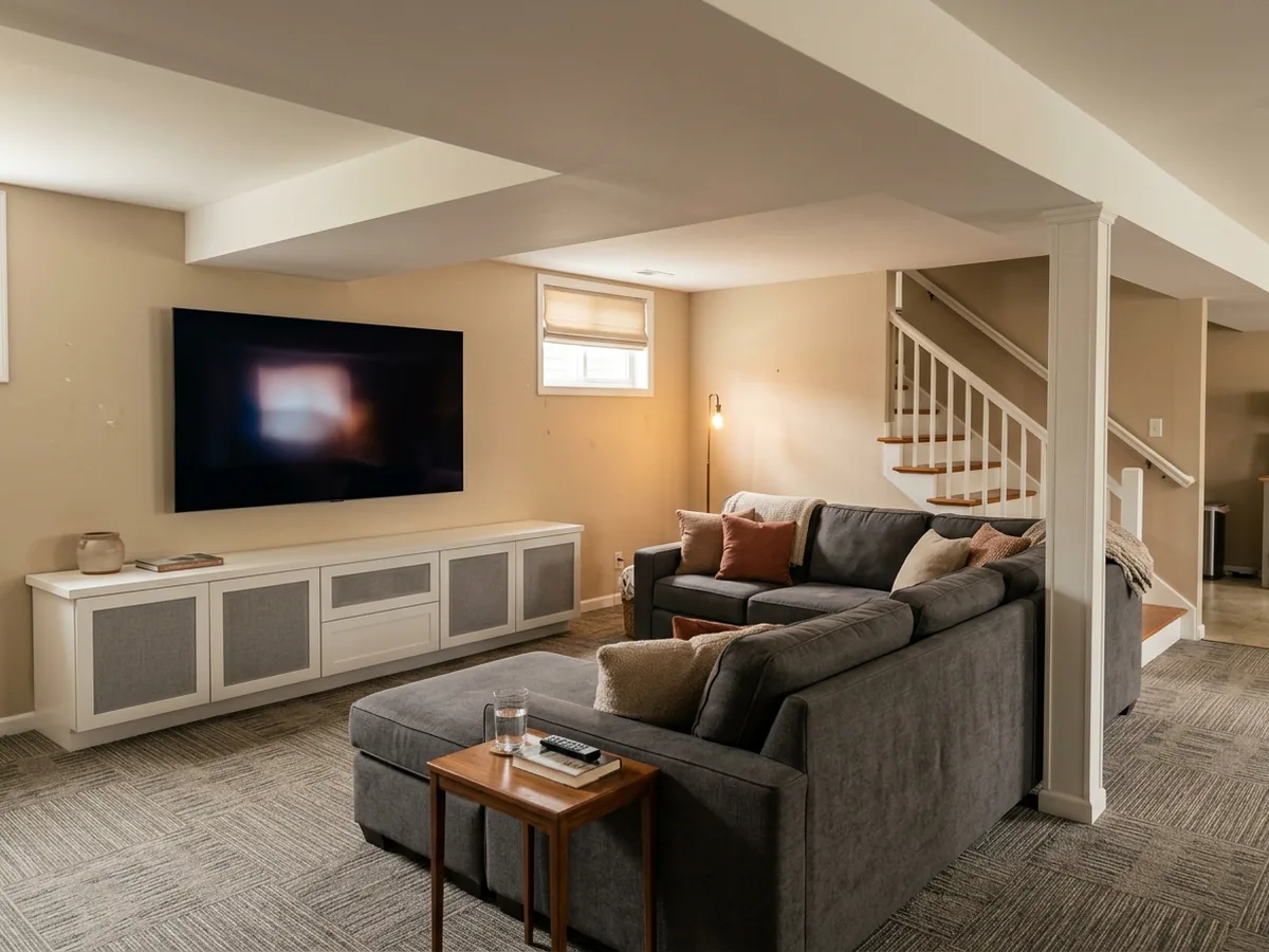 Open basement media room with a sectional sofa facing a wall-mounted TV over a low built-in cabinet with speaker grilles