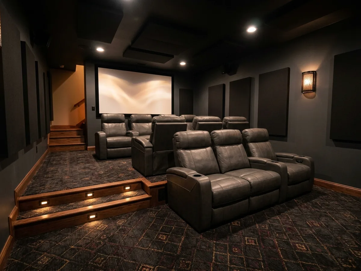 Basement theater room with two rows of dark recliners, the back row on a carpeted riser, facing a projection screen