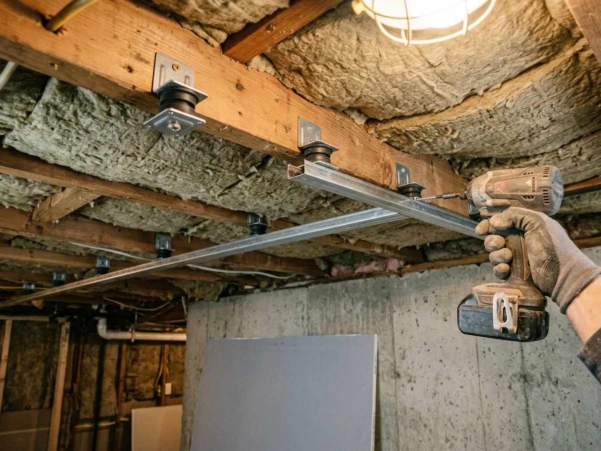 Basement ceiling with stone wool batts between joists and hat channel on rubber isolation clips before drywall
