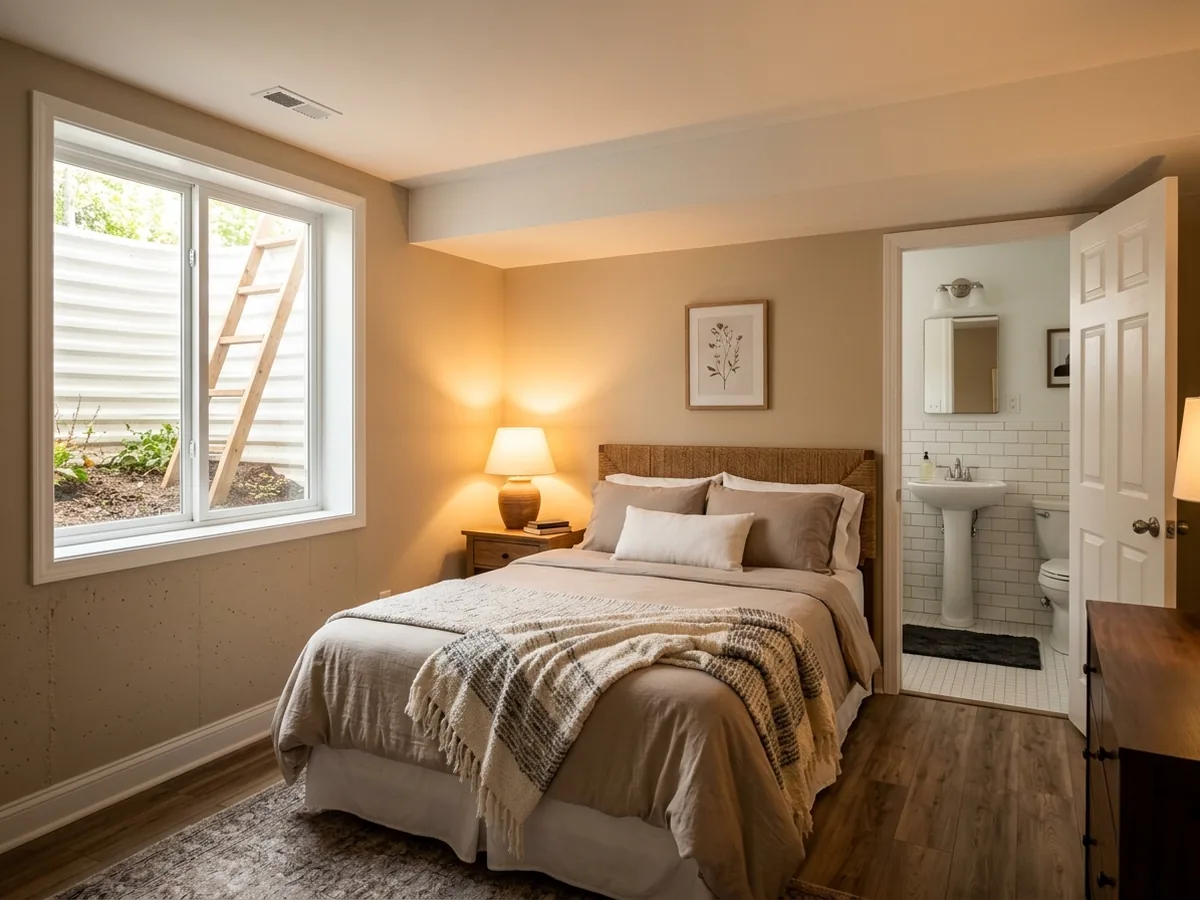 Basement in-law suite bedroom with a queen bed, a large egress casement window and a doorway to a small tiled bathroom