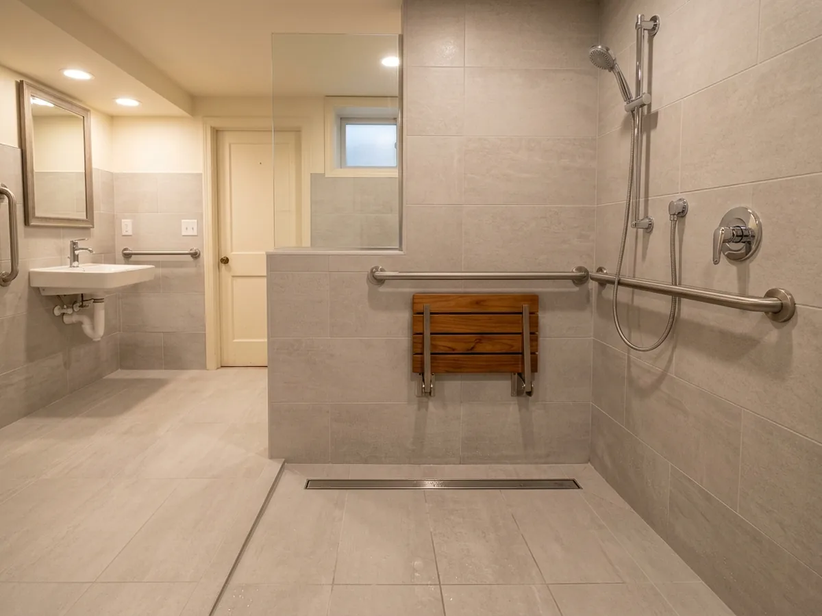 Curbless basement shower with a linear drain, a fold-down bench and a grab bar on a tiled wall
