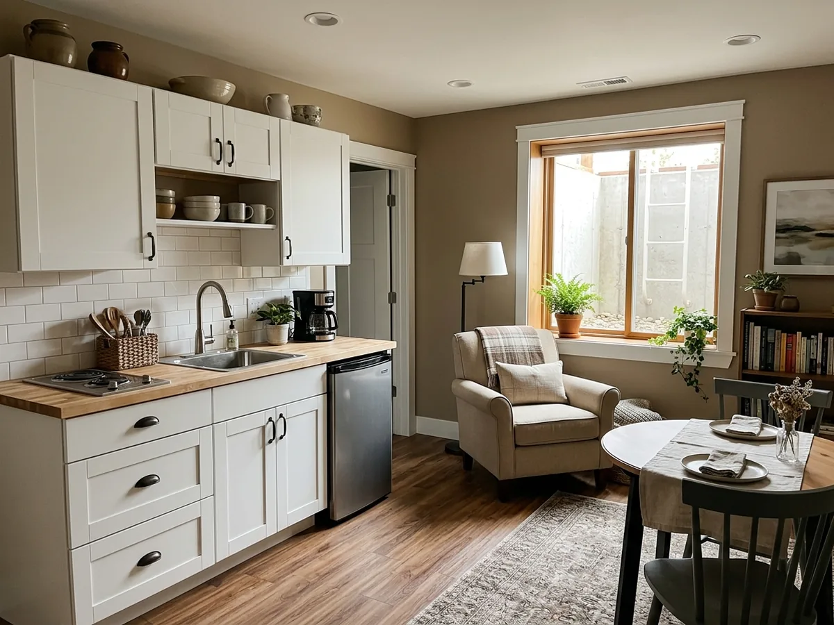 Basement in-law suite with a white shaker kitchenette, small dining table and a daylight egress window