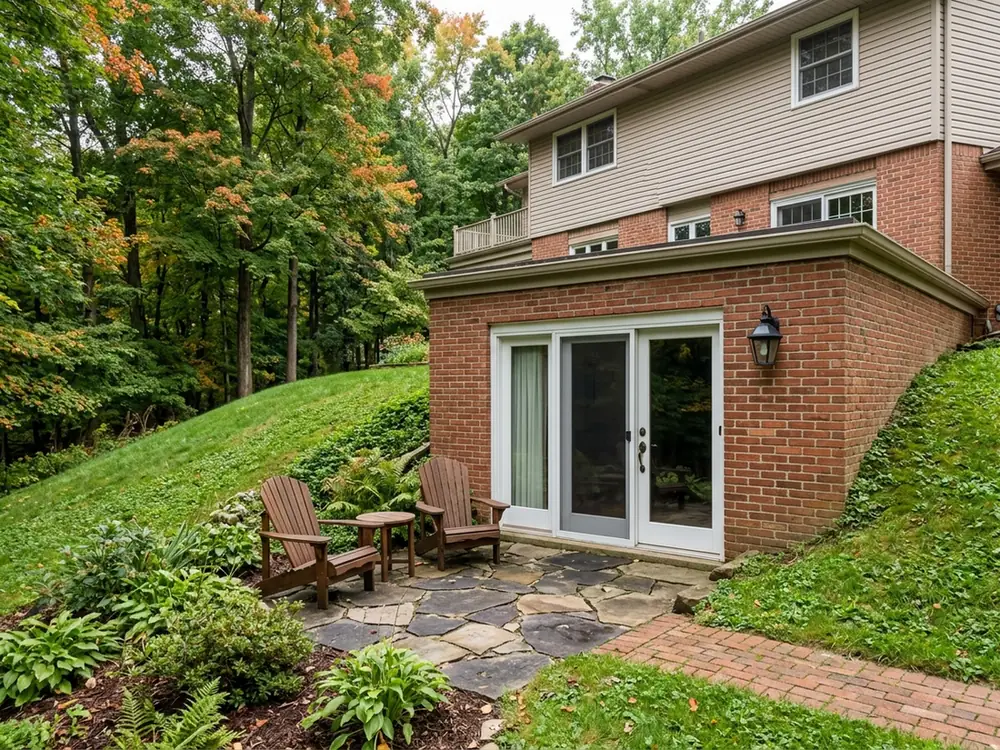 Walkout basement suite with a glass patio door opening onto a small stone patio and a lawn with mature maples