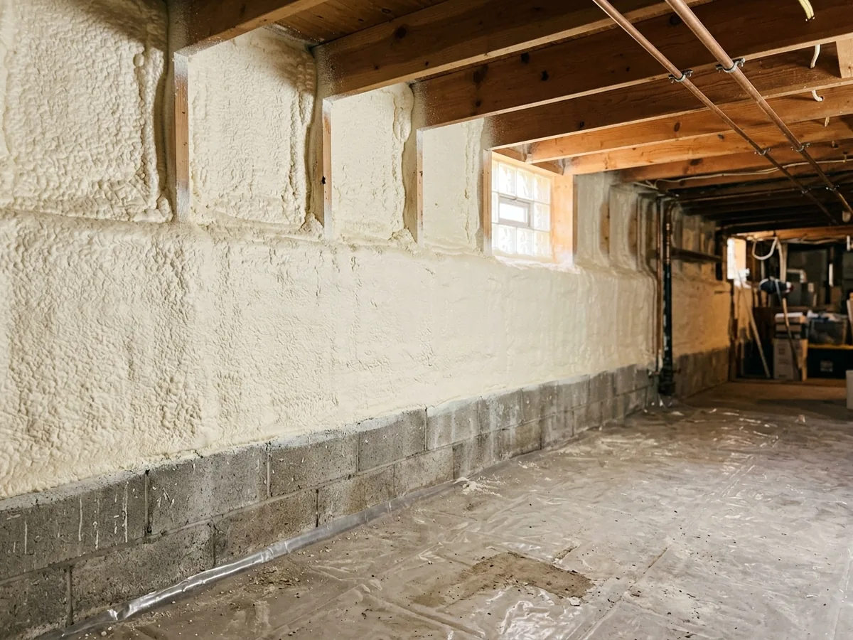 Closed-cell spray foam insulation applied to a basement block wall and rim joist