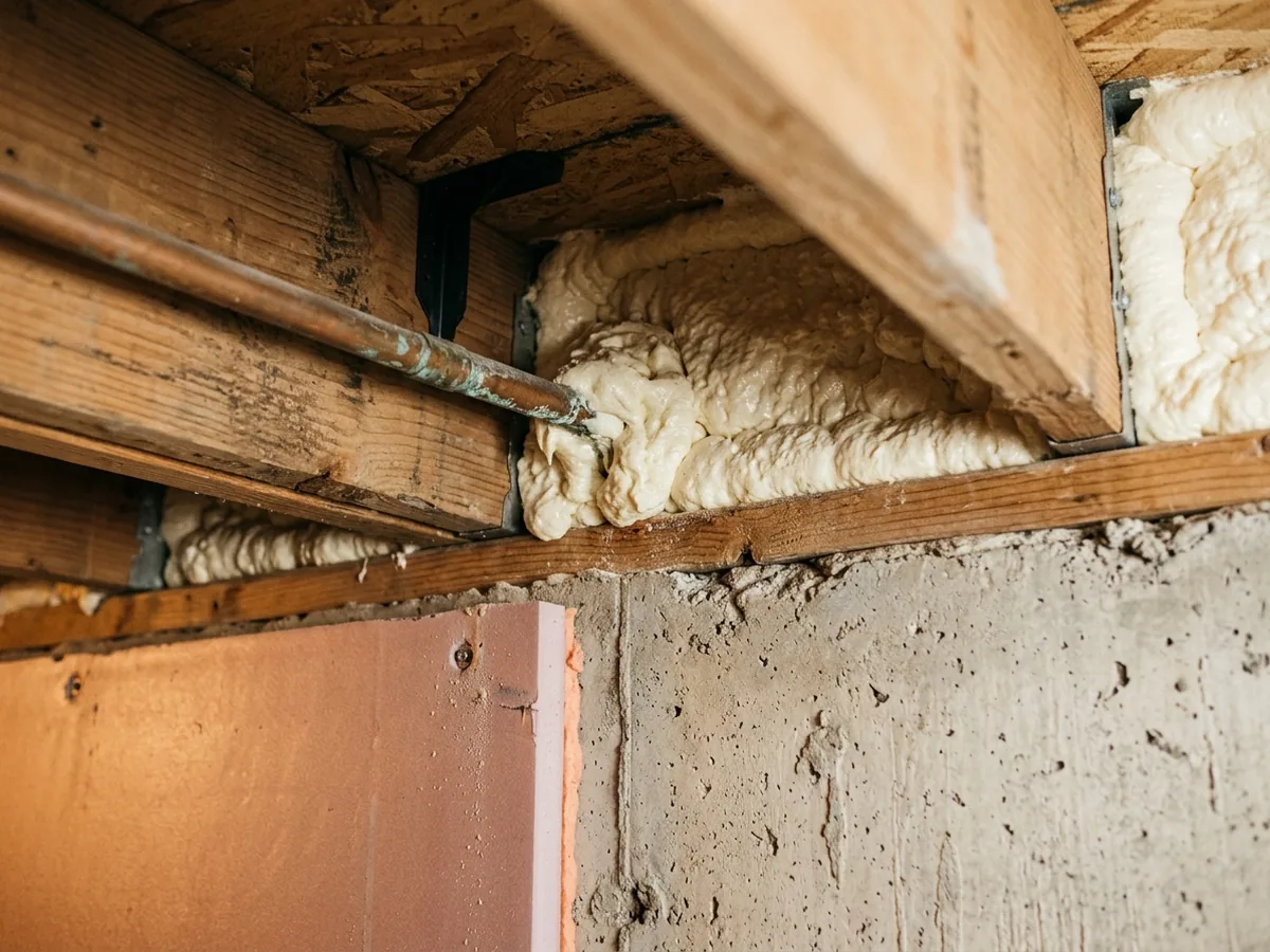 Basement rim joist bays sealed with spray foam above the sill plate on a foundation wall