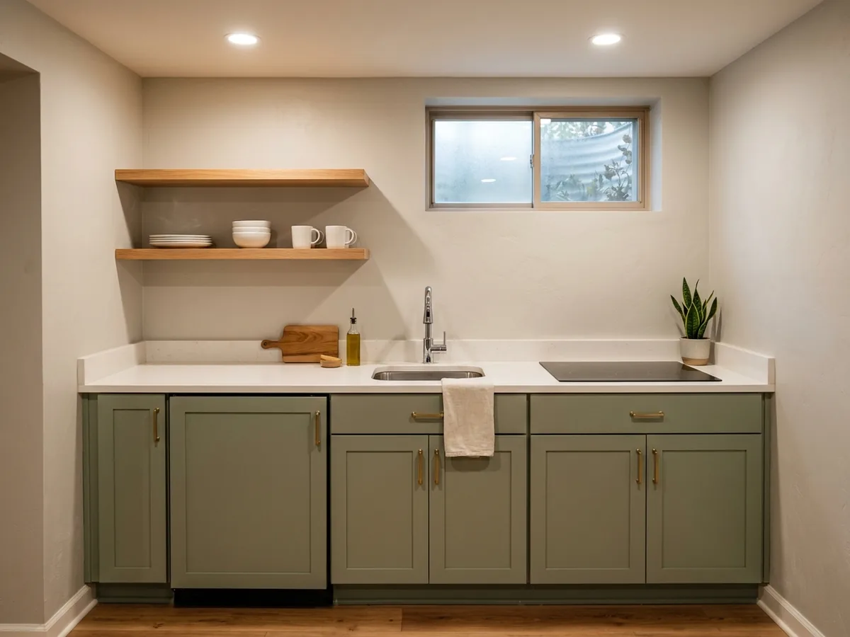 Basement kitchenette along one wall with a small sink, two-burner induction cooktop, under-counter fridge and open shelves