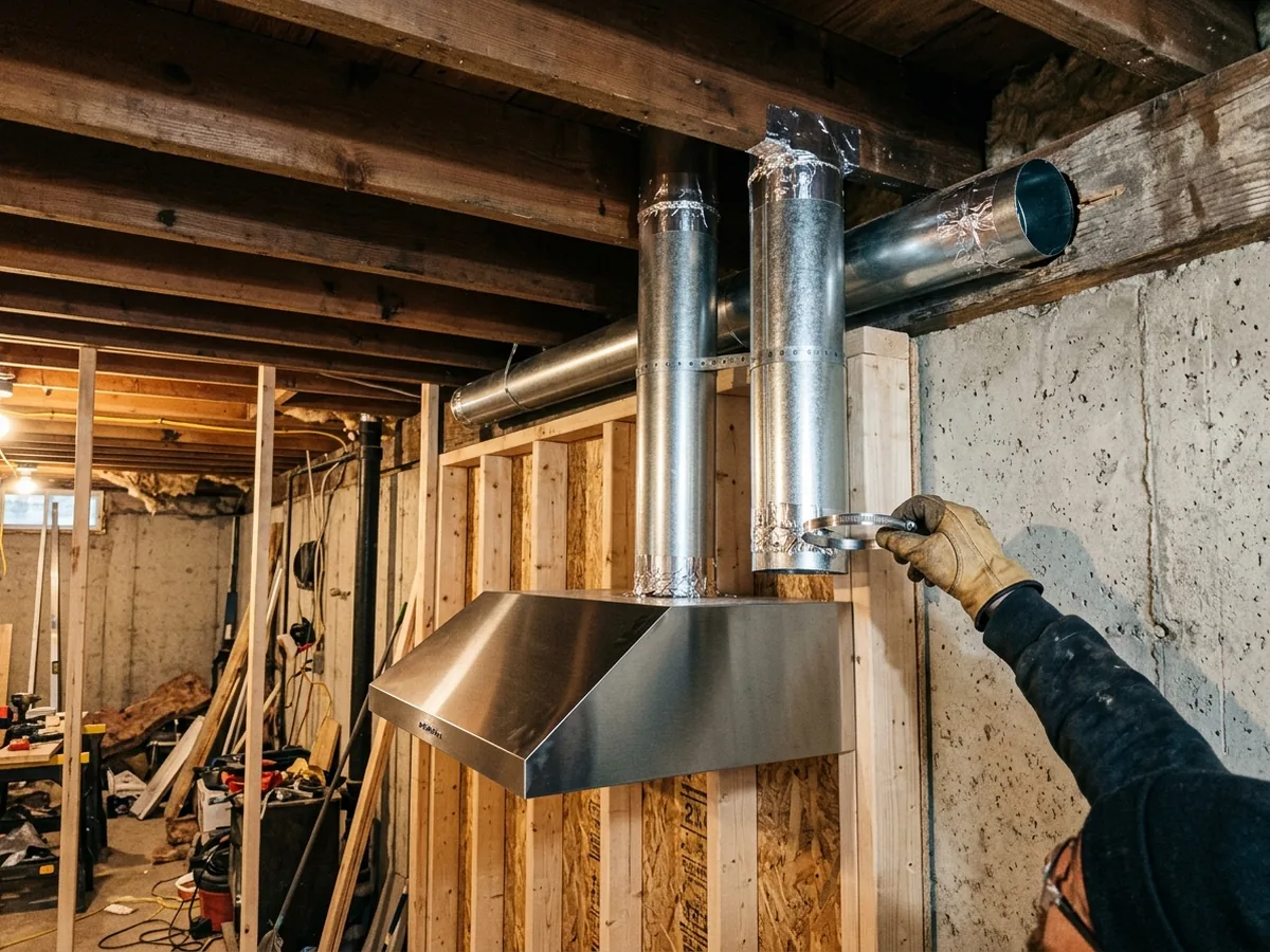 Stainless steel range hood in a basement kitchen with a rigid metal duct running between the joists toward the rim joist