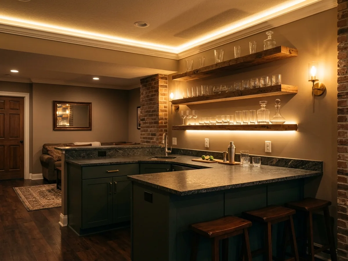 Basement bar area with LED strip cove lighting above cabinets and under open shelves