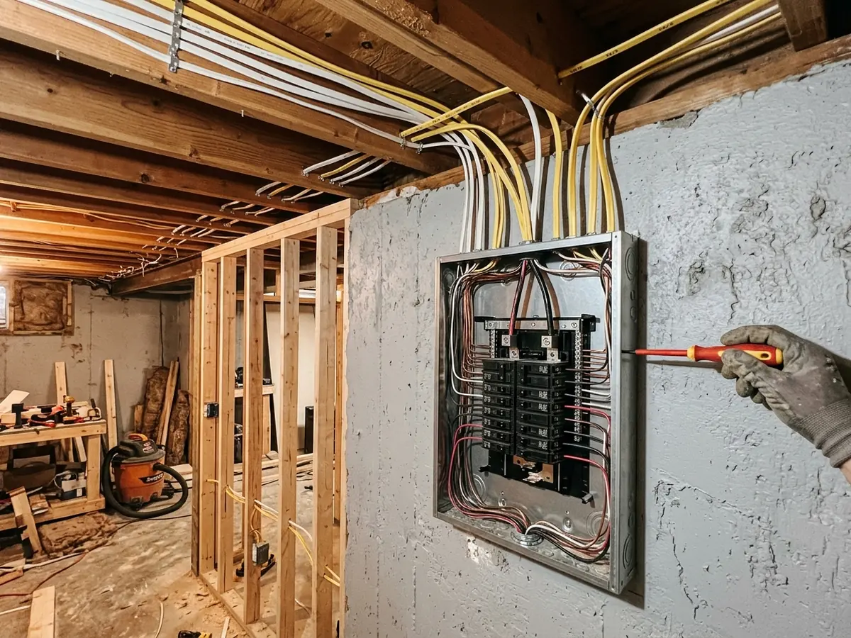 Open electrical panel in a basement with new breakers and cables running to the ceiling joists