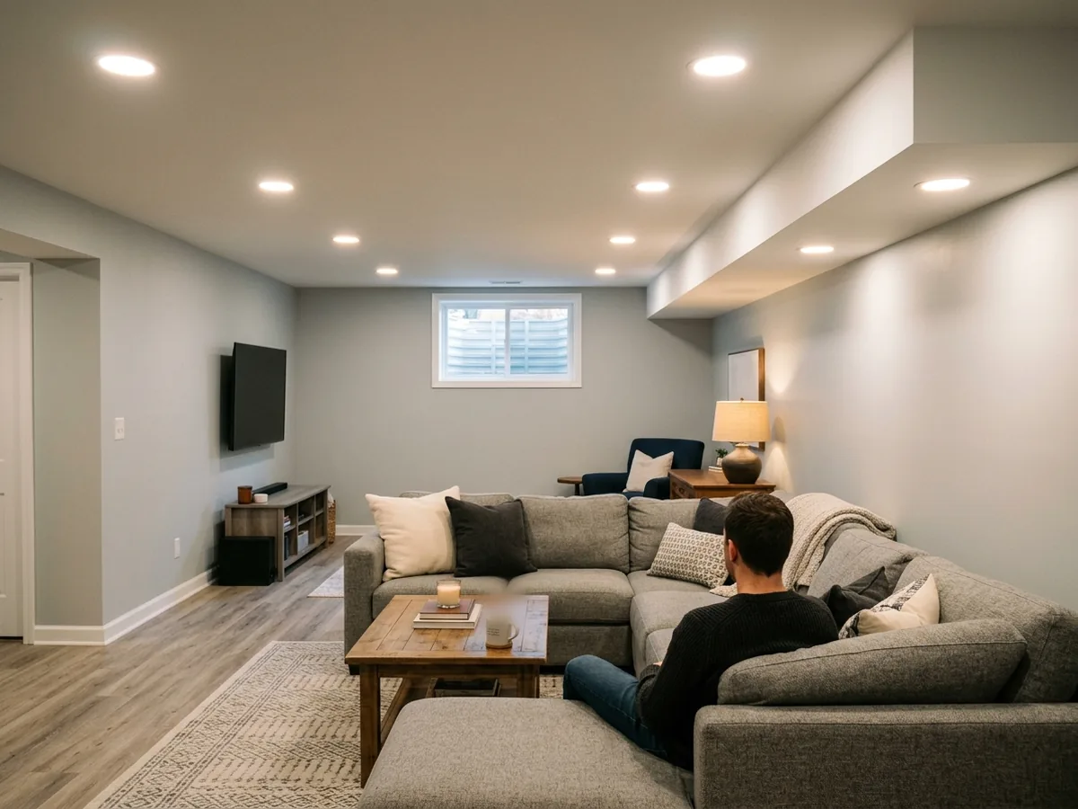 Basement family room ceiling with rows of slim recessed LED wafer lights between the joists