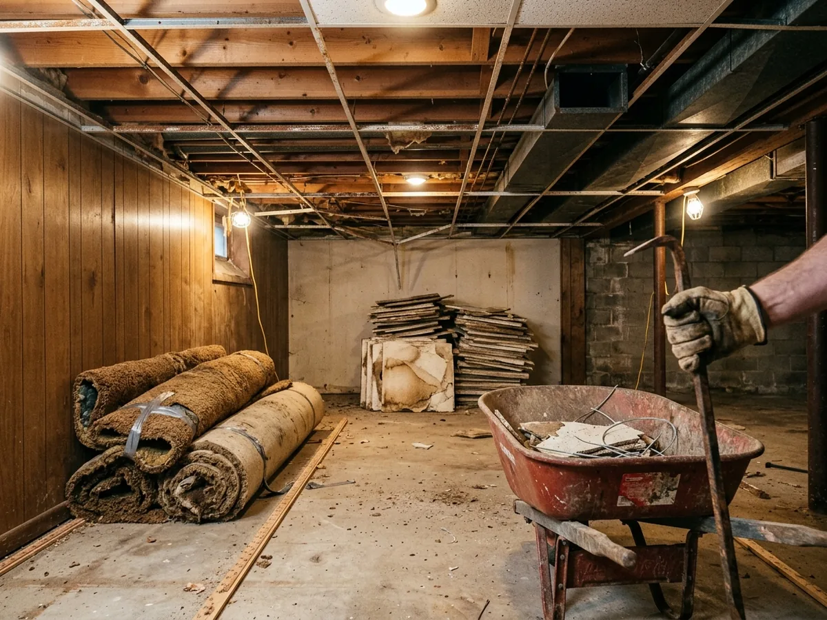 Basement during renovation with drop ceiling grid half removed, stained ceiling tiles stacked and old carpet rolled up on the slab
