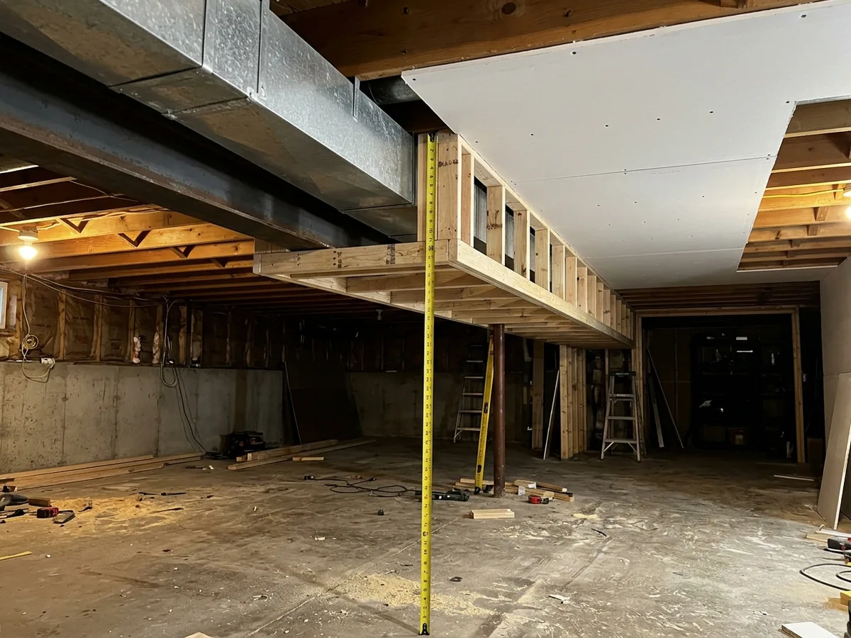 Low basement ceiling with a ductwork soffit being reframed close to the joists, measuring tape stretched to the floor