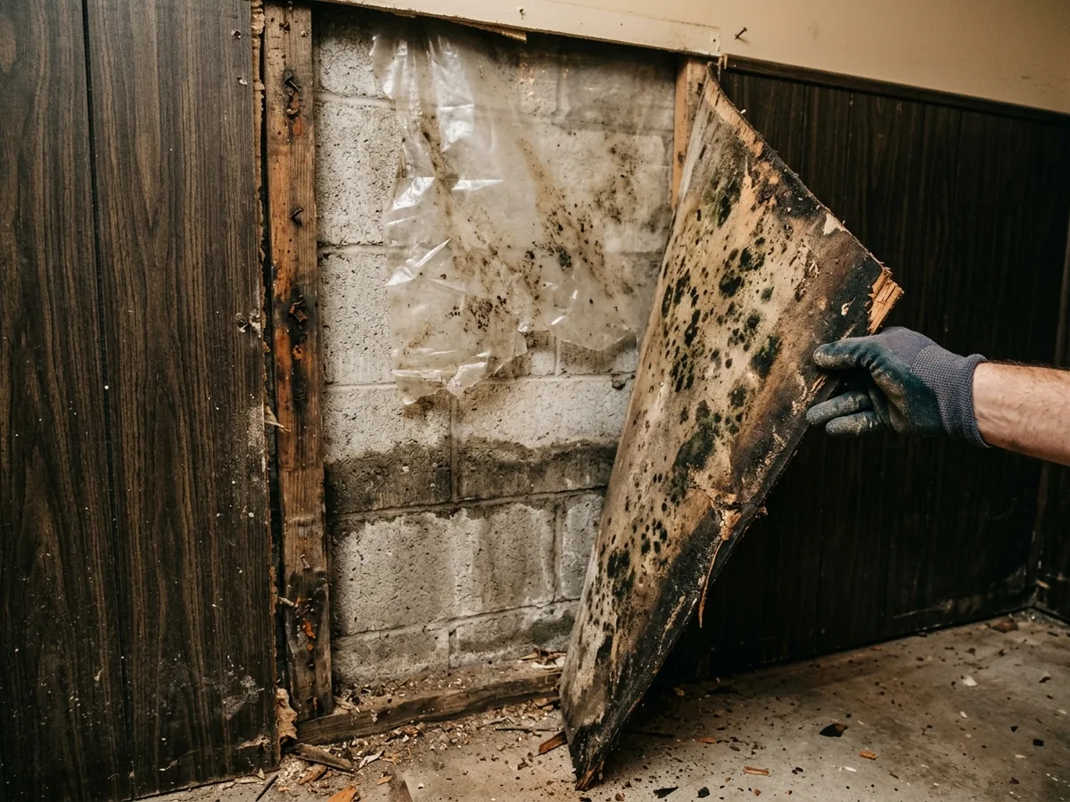 Back of removed basement wood paneling and the concrete wall behind it, with dark mold spots and a water stain along the bottom