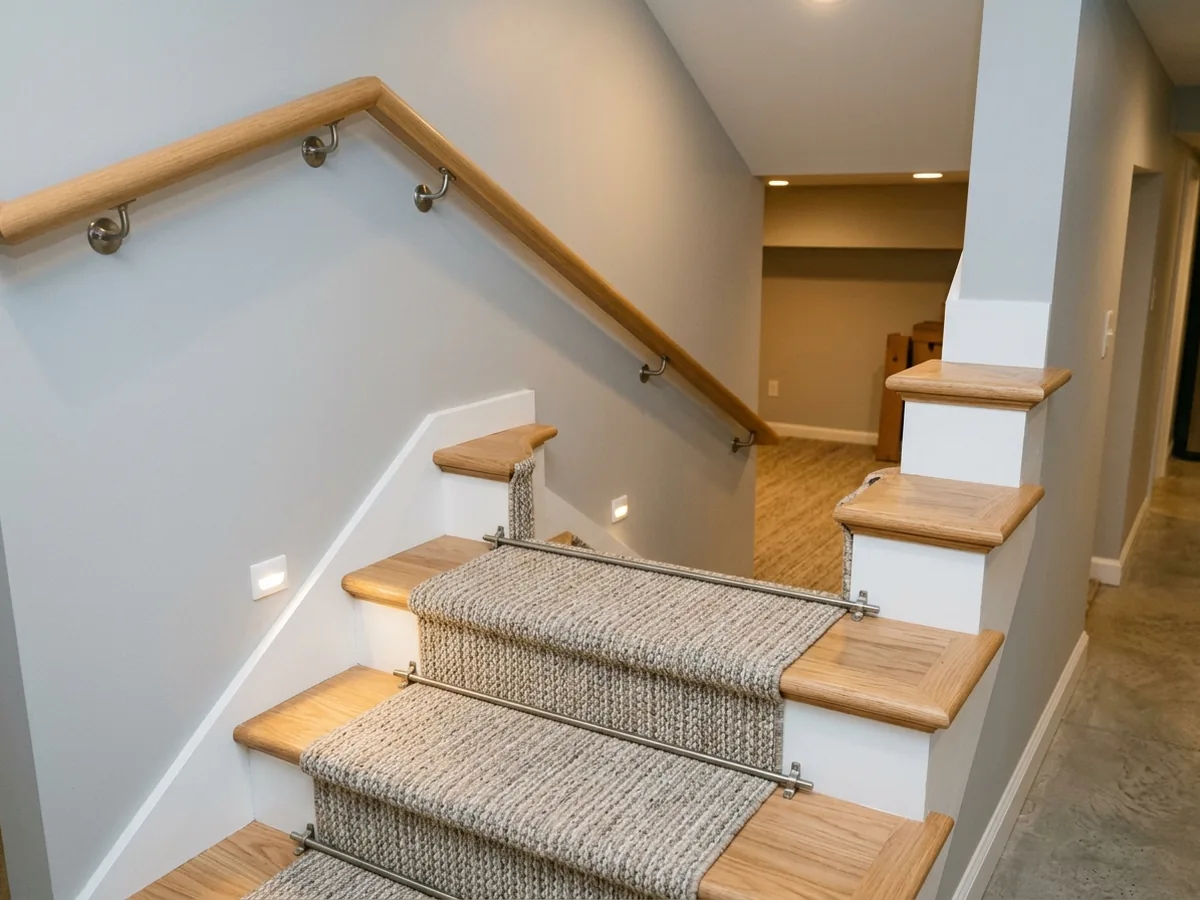 Basement staircase with new oak tread caps, white painted risers and a carpet runner held by plain metal rods