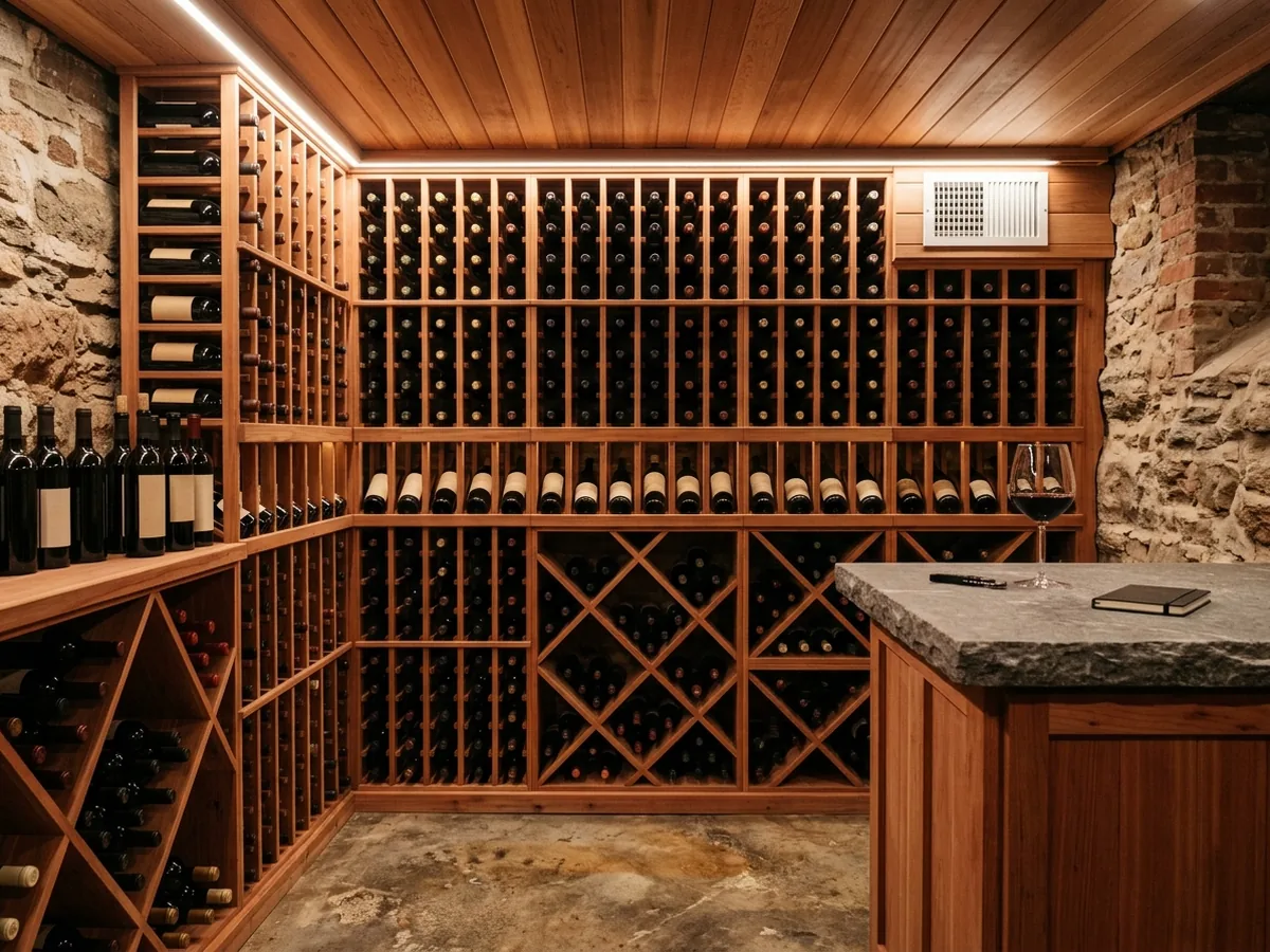 Basement wine cellar with floor-to-ceiling wood racking, a tasting counter and a cooling vent high on the wall
