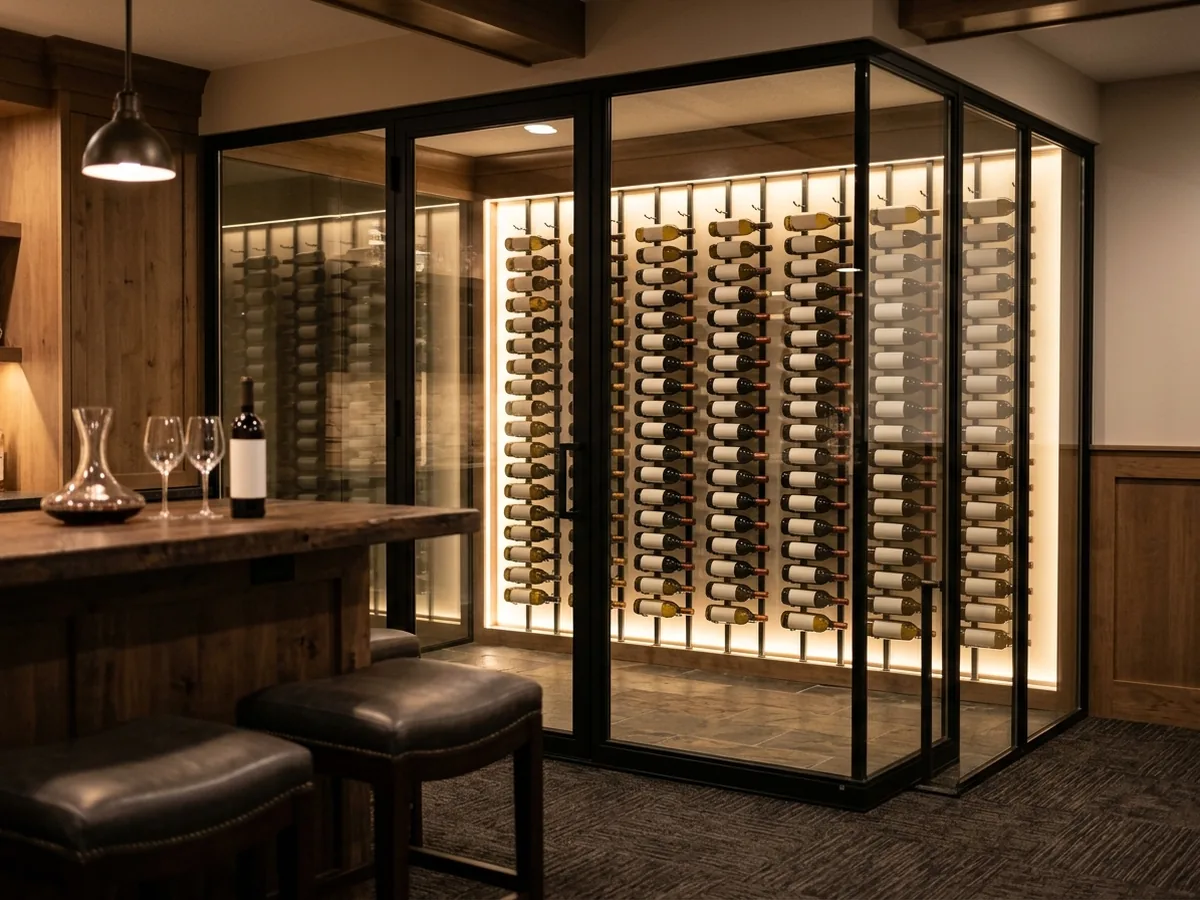 Glass-walled wine room beside a basement bar with metal peg racking showing bottles label-out and a frameless glass door
