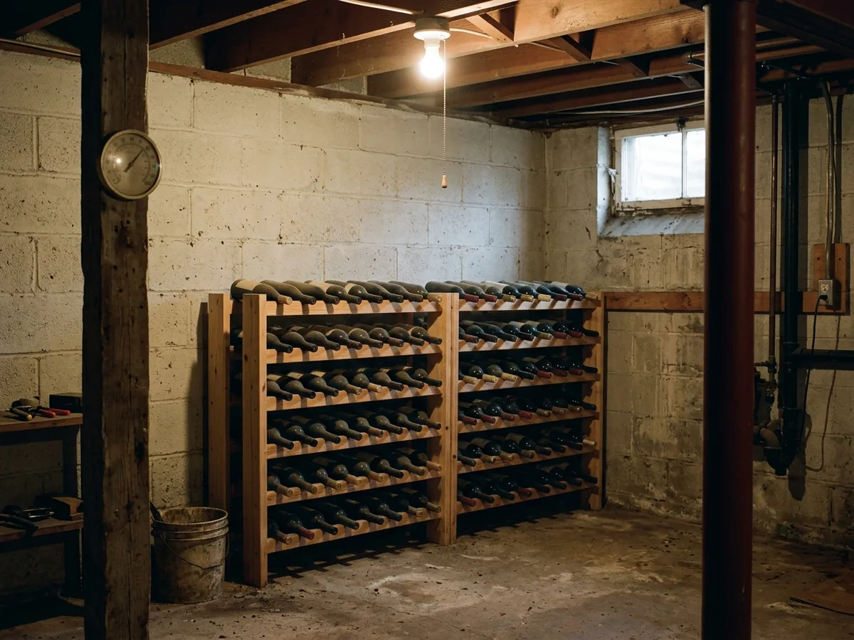 Passive wine storage in a basement corner: simple wooden racks against a block foundation wall and a small thermometer