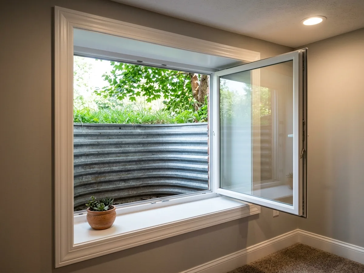 Open basement casement egress window swung fully outward into a deep window well, seen from inside a finished room